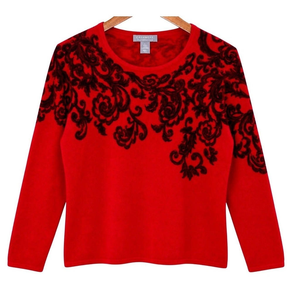 Charter Club 2 Ply Cashmere Sweater Womens L Red Black Baroque Floral Crew Neck